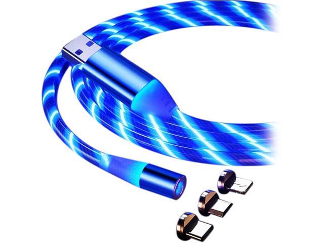 Blue 2 Packs,5 ft Flowing LED Magnetic Charging Cable.3 in 1 Cable，Compatible with Mirco USB Type C Smartphone and iProduct Device