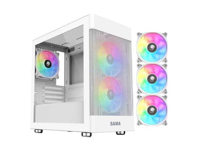 Sama ARGB-Q5-W White USB3.0 Tempered Glass Micro ATX Tower Gaming Computer Case w/  3 x 120mm ARGB Fans (Pre-Installed)