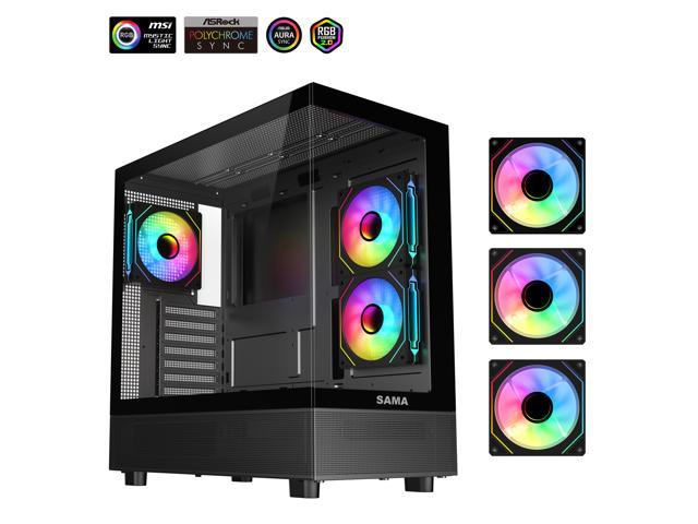 SamaNeview4361BlackDualUSB3.0andTypeCTemperedGlassATXMidTowerGamingComputerCasew/3x120mmARGBFans(2xMBSide,1xRear)Pre-Installed