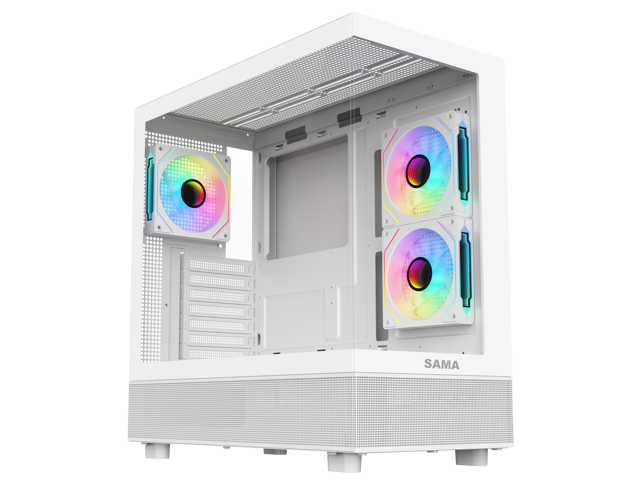 SamaNeview4361WhiteDualUSB3.0andTypeCTemperedGlassATXMidTowerGamingComputerCasew/3x120mmARGBFans(2xMBSide,1xRear)Pre-Installed