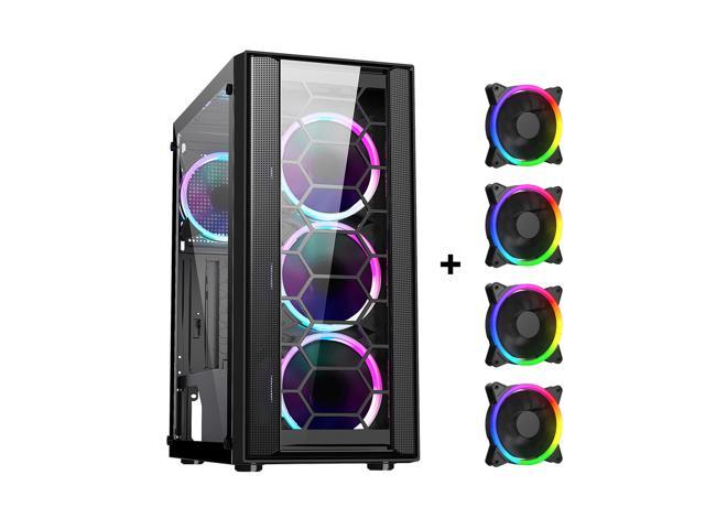 DIYPC Rainbow-Flash-F4-B Black Steel / Tempered Glass ATX Mid Tower  Computer Case, 4 x 120mm Autoflow Rainbow LED Fans (Pre-Installed)