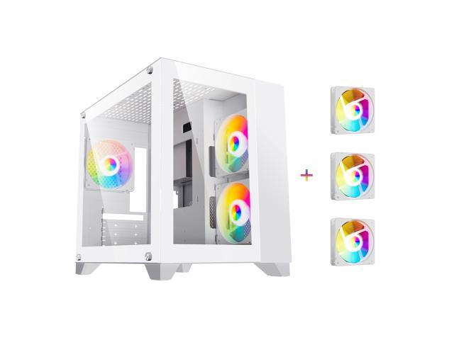 DIYPC ARGB-Q3.v2-W White USB3.0 Tempered Glass Micro ATX Gaming Computer Case w/ Dual Tempered Glass Panel and 3 x ARGB LED Fans (Pre-Installed)
