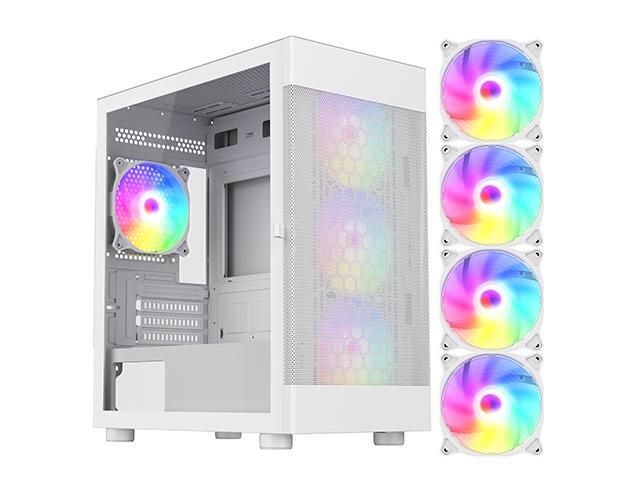 DIYPC ARGB-G5-W White USB3.0Tempered Glass Micro ATX Gaming Computer Case w/  4 x ARGB Fans (Pre-Installed), Support 360mm AIO