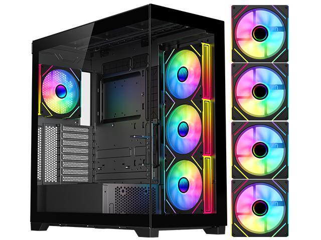 DIYPC  Vanguard-F2-BK -Black Dual USB3.0 and Type C Tempered Glass ATX Full Tower Gaming Computer Case w/ 4 x 140mm ARGB PWM Fans (3 x MB Side, 1 x Rear) Pre-Installed. Support BTF Back Plug MB.