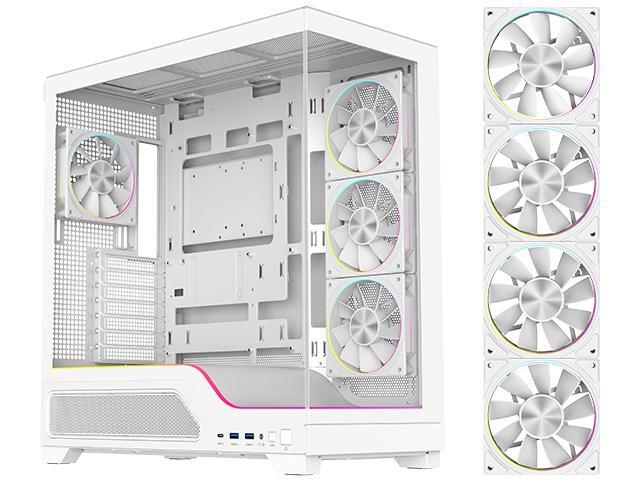 DIYPC IDX5-W-ARGB White Dual USB3.0/ 1 x Type C Tempered Glass ATX Gaming Computer Case w/ Frameless Dual Tempered Glass Panel and 4 x ARGB PWM Ring Fans /Integrated ARGB Lighting Bar (Pre-Installed)