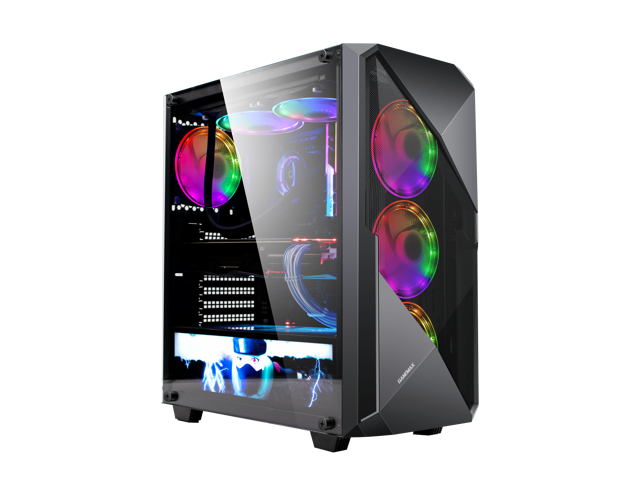 Gamemax Revolt Black USB3.0 Tempered Glass ATX Mid Tower Gaming Computer  Case w/Tempered Glass Panel and 4 x ARGB Dual Ring LED Fan (Pre-Installed)  