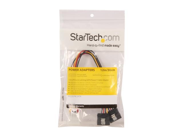 PYO2LP4LSATR 4 Pin LP4 to Dual 90 Degree Latching SATA Y Splitter StarTech.com 12in LP4 to 2X Right Angle Latching SATA Power Y Cable Splitter 