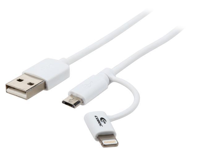 [Apple MFi Certified] Coboc White 3ft 8-pin Lightning Duo 2-in-1 to USB Sync & Charge Cable with Lightning & Micro USB