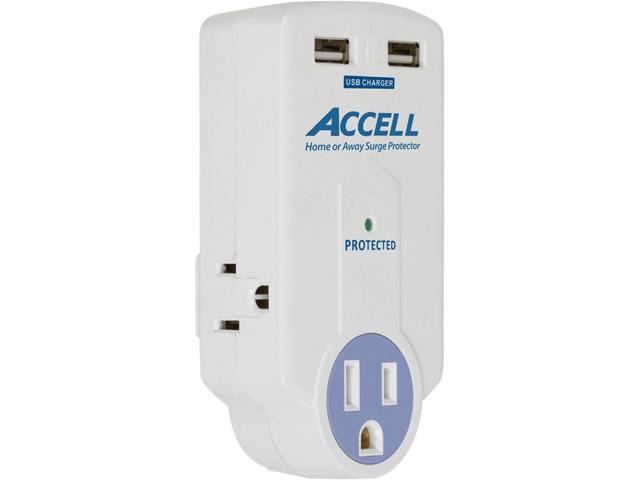 ACCELL D080B-010K Wall Mount 3 Outlets 612 Joules Travel Surge Protector with Dual USB Charging