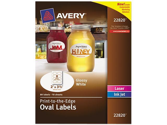 Photo 1 of Avery Print-to-the-Edge Laser/Inkjet Oval Labels, 2" x 3 1/3", White, 8 Labels/Sheet, 10 Sheets/Pack, 80 Labels/Pack (22820)