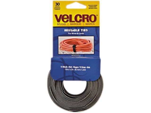 Velcro Brand One-Wrap Pre-Cut Thin Ties, 0.5" X 15", Black/Gray, 30/Pack 94257