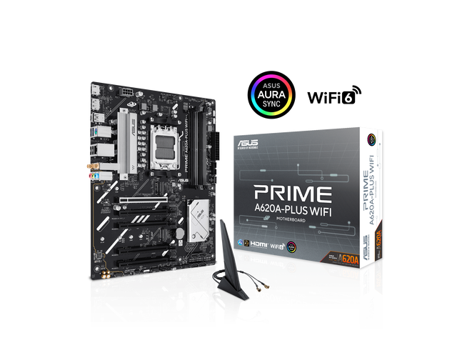 ASUS PRIME A620A-PLUS WIFI AMD ATX motherboard, 8+2+1 power stages, DDR5, PCIe 4.0 ready, PCIe 4.0 x16 slot, 2x M.2, DisplayPort, HDMI, WiFi 6, 1Gb Ethernet, Rear & Front USB 5Gbps Type-C, SATA 6 Gbps