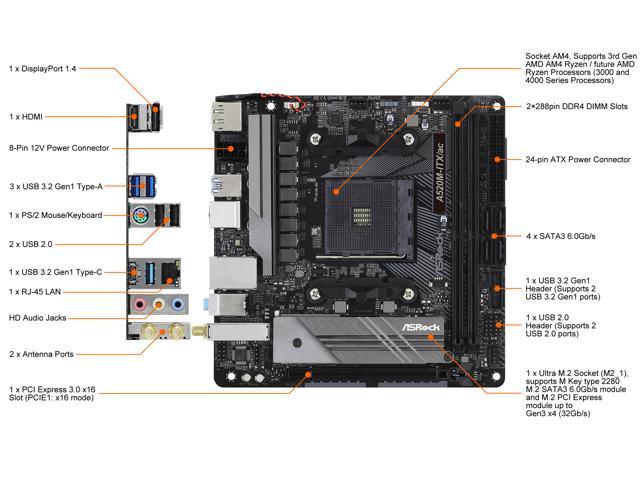 ASRock A520M-ITX/AC AM4 AMD A520 SATA 6Gb/s Mini ITX AMD Motherboard AMD  Motherboards