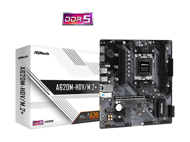 ASRock A620M-HDV/M.2+ AM5 Micro ATX Motherboard, HDMI, DisplayPort, supports up to 120W AM5 Ryzen™ 7000 Series Processors