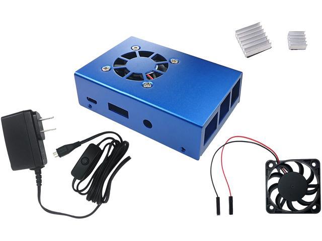 Micro Connectors RAS-PCS04PWR-BL Aluminum Raspberry Pi 3 Case for Model B/B+ with Fan, Heatsinks and UL Approved On/Off Power Adapter