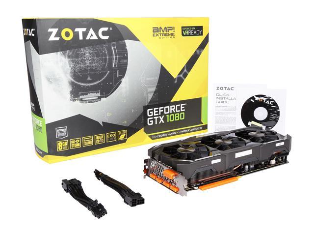 Zotac Geforce Gtx 1080 Amp Extreme Zt Pb 10p 8gb Gddr5x Icestorm Cooling Metal Wraparound Carbon Exoarmor Exterior Dual Blade Eko Fan Spectra Lighting Powerboost Freeze Fan Stop Newegg Com