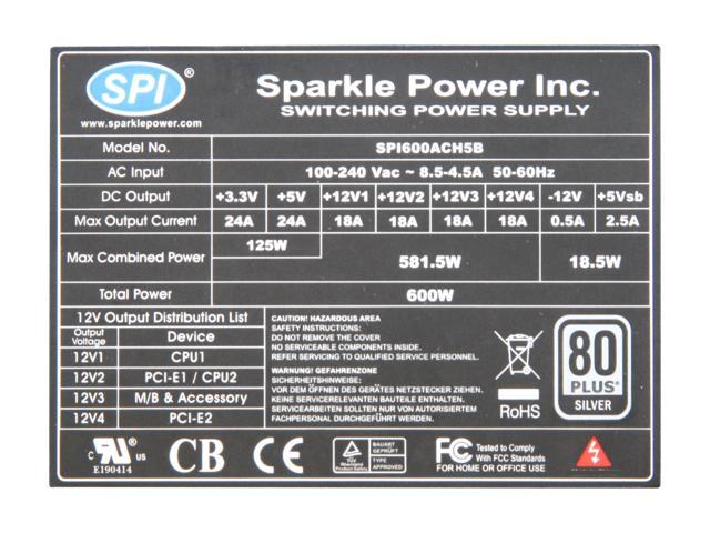 SPARKLE 85+ Green 600 R-SPI600ACH5B 600 W Power Supply - Newegg.com