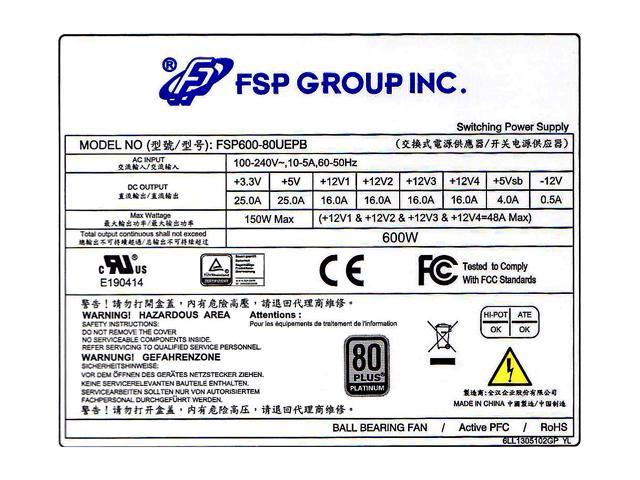 FSP600-80UEPB FSP Group 600W ATX Power Supply PMBus V1.2 Single 1U Size 80 Plus Platinum Certified for Rack Mount Case
