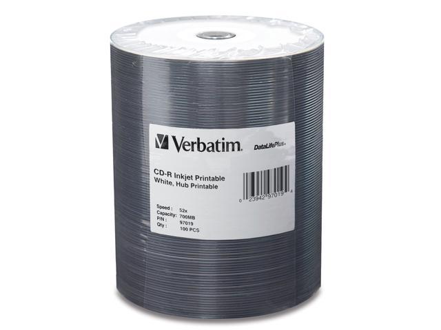 Verbatim 700MB 52X CD-R Inkjet Printable Hub Printable 100 Packs Spindle DataLife Plus Media Model 97019
