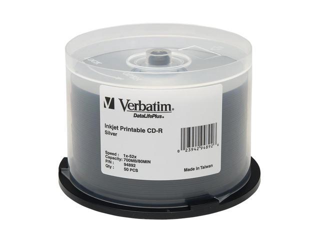 Verbatim 700MB 52X CD-R Inkjet Printable 50 Packs Spindle DatalifePlus Silver Disc Model 94892
