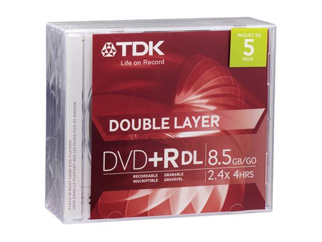TDK 8.5GB 2.4X DVD+R DL 5 Packs Jewel Case Disc Model 48629