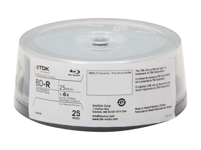 TDK 25GB 6X BD-R White Thermal Hub Printable 25 Packs Spindle Disc Model 61704