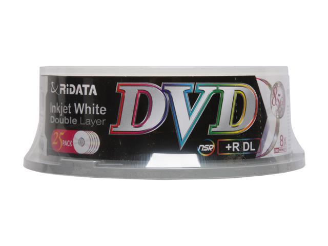 RiDATA 8.5GB 8X DVD+R DL Inkjet White Hub Printable (non stacking ring) 25 Packs Spindle Disc Model DRD+858-RDIWN-CB25