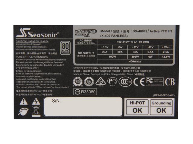 SeaSonic X series SS-400FL Active PFC F3 400W ATX12V Fanless 80 