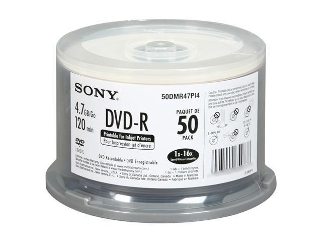 SONY 4.7GB 16X DVD-R 50 Packs Spindle Media Model 50DMR47PI4