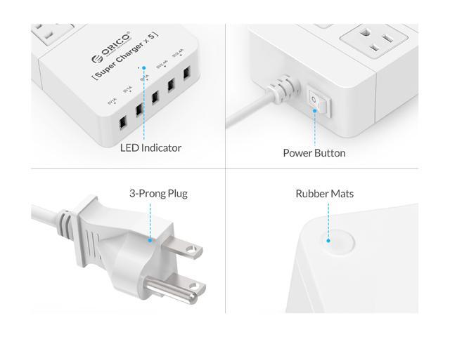 ETL//FCC Listed 5ft Extension Cord//1700J Ideal for Home and Office Accessories ORICO Surge Protector Power Strip with 8 Outlets and 5 USB Charging Ports White