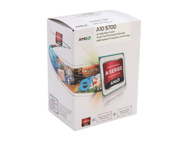 AMD A10-5700 - A-Series APU Trinity Quad-Core 3.4GHz (4.0GHz Turbo) Socket FM2 65W AMD Radeon HD 7660D Desktop APU (CPU + GPU) with DirectX 11 Graphic - AD5700OKHJBOX