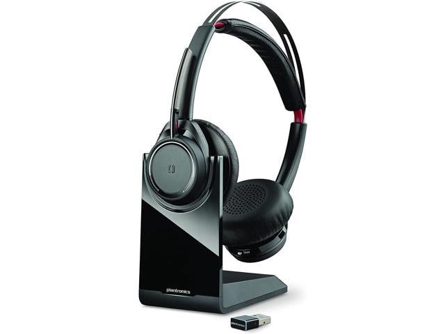 Photo 1 of Plantronics - Voyager Focus UC with Charge Stand (Poly) - Bluetooth Dual-Ear (Stereo) Headset with Boom Mic - USB-A PC/Mac Compatible - Active Noise Canceling-Works with Teams (Certified), Zoom & more