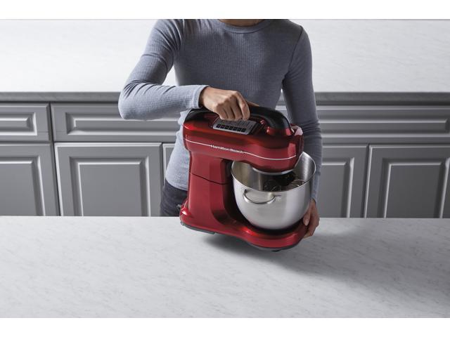 Hamilton Beach Electric Stand Mixer with 4 Quart Stainless Bowl, 7 Speeds,  Whisk, Dough Hook, and Flat Beater Attachments, Splash Guard, 300 Watts,  Red, 63395 