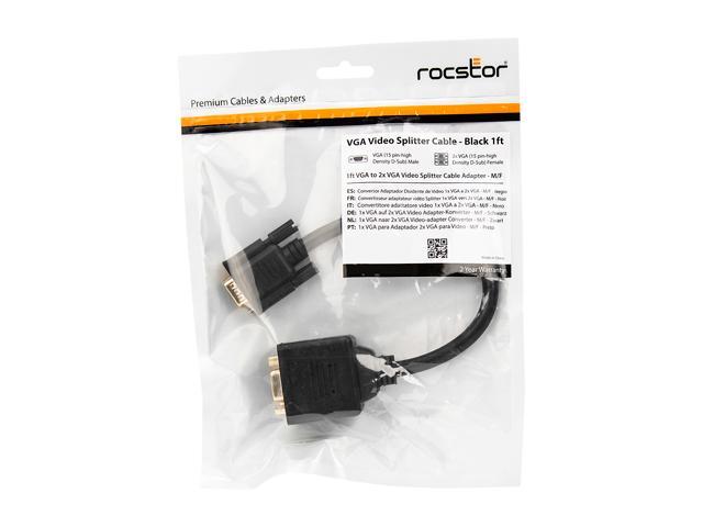 DB-15 Male Rocstor Premium 1 ft VGA to 2X VGA Video Splitter Cable M//F Black V DB-15 Female