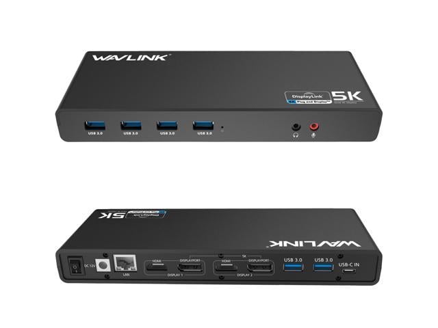 Wavlink Dual 4K Display Laptop Docking Station Single 5K/Dual 4K @60Hz USB 3.0 and USB-C Dual Monitor Docking Station With 2 x HDMI, 2 DP, Gigabit Ethernet, 6 x USB 3.0, Audio, Mic, For Windows/Mac