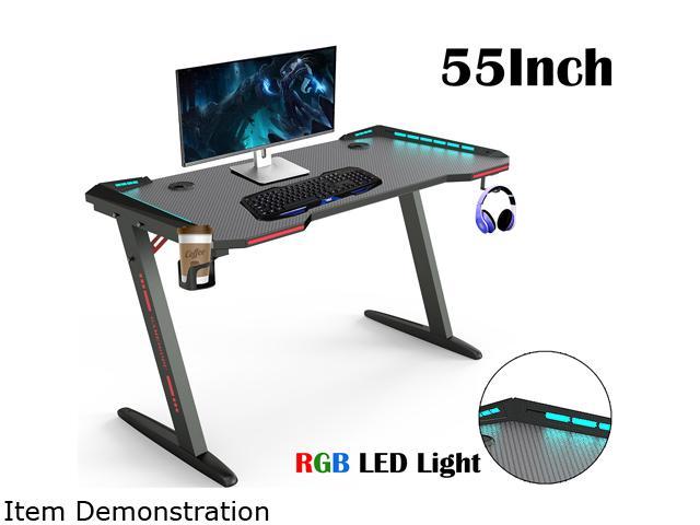 Gaming Desk 55" Z Shaped Large PC Computer Gaming Desks Tables with RGB LED Lights for E-Sport Racing Gamer Pro Home Office Gift