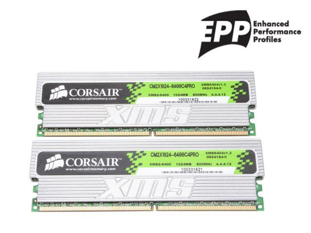 CORSAIR XMS2 2GB (2 x 1GB) DDR2 800 (PC2 6400) Dual Channel Kit Desktop Memory Model TWIN2X2048-6400C4PRO