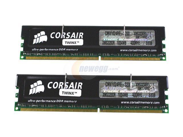 CORSAIR XMS 2GB (2 x 1GB) 184-Pin DDR SDRAM ECC Registered DDR 400 (PC 3200) Dual Channel Kit Server Memory Model TWINX2048RE-3200