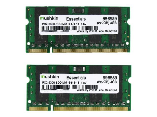 Mushkin Enhanced Essentials 4GB (2 x 2GB) 200-Pin DDR2 SO-DIMM DDR2 667 (PC2 5300) Dual Channel Kit Laptop Memory Model 996559