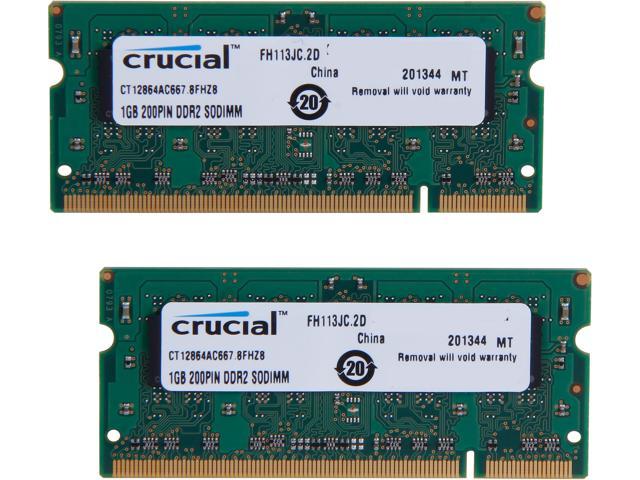 Crucial 2GB (2 x 1GB) 200-Pin DDR2 SO-DIMM DDR2 667 (PC2 5300) Dual Channel Kit Laptop Memory Model CT2KIT12864AC667