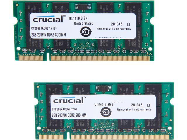 Crucial 4GB (2 x 2GB) 200-Pin DDR2 SO-DIMM DDR2 667 (PC2 5300) Laptop Memory Model CT2KIT25664AC667