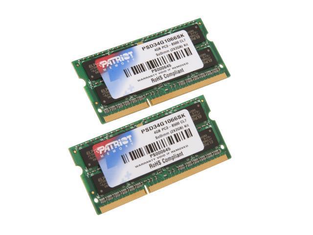 Patriot 4GB (2 x 2GB) 204-Pin DDR3 SO-DIMM DDR3 1066 (PC3 8500) Dual Channel Kit Laptop Memory Model PSD34G1066SK