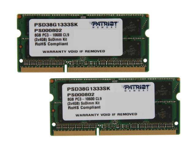Patriot 8GB (2 x 4GB) 204-Pin DDR3 SO-DIMM DDR3 1333 (PC3 10600) Laptop Memory Model PSD38G1333SK