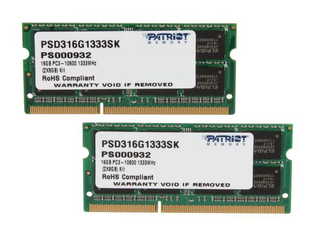 Patriot Signature 16GB (2 x 8GB) 204-Pin DDR3 SO-DIMM DDR3 1333 (PC3 10600) Laptop Memory Model PSD316G1333SK