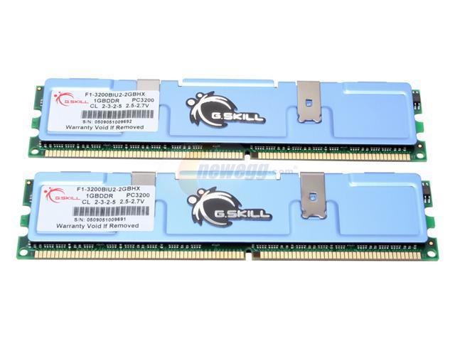 G.SKILL 2GB (2 x 1GB) DDR 400 (PC 3200) Dual Channel Kit Desktop Memory Model F1-3200BIU2-2GBHX