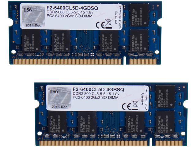 G.SKILL 4GB (2 x 2GB) 200-Pin DDR2 SO-DIMM DDR2 800 (PC2 6400) Dual Channel Kit Laptop Memory Model F2-6400CL5D-4GBSQ