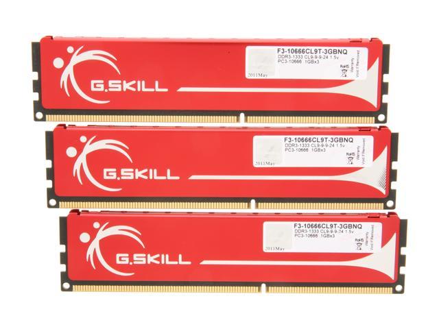 G.SKILL 3GB (3 x 1GB) DDR3 1333 (PC3 10666) Triple Channel Kit Desktop Memory Model F3-10666CL9T-3GBNQ