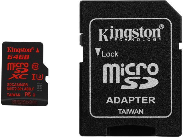 Kingston 64GB  MicroSDXC UHS-I/U3 Class 10 Memory Card with Adapter, Speed Up to 90 MB/s (SDCA3/64GB)