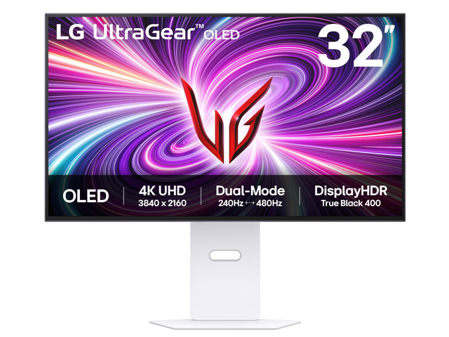 LG UltraGear 32" 4K UHD 3840x2160 OLED Dual-Mode UHD 240Hz / FHD 480Hz 0.03ms (GtG) Height Adjustable 2x HDMI 2.1 1x DisplayPort 1.4 Gaming Monitor, 32GS95UV-W, White