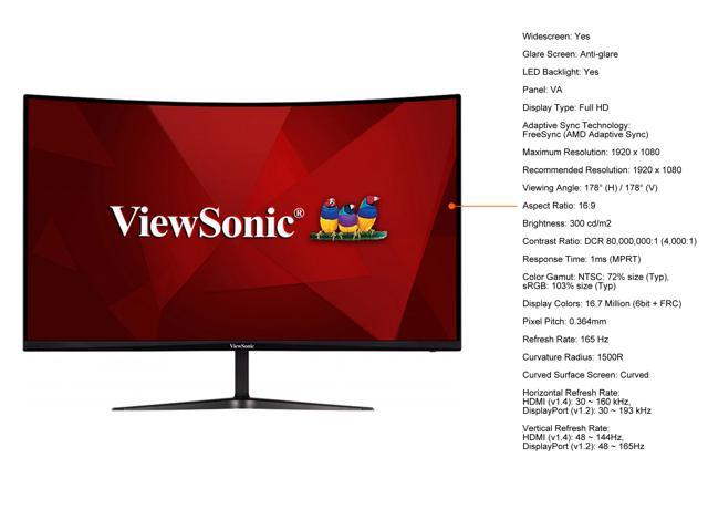 ViewSonic VX3218-PC-MHD 32 Inch Full HD 1080p 165Hz 1ms Curved Gaming  Monitor with Adaptive-Sync Eye Care Frameless HDMI and Display Port